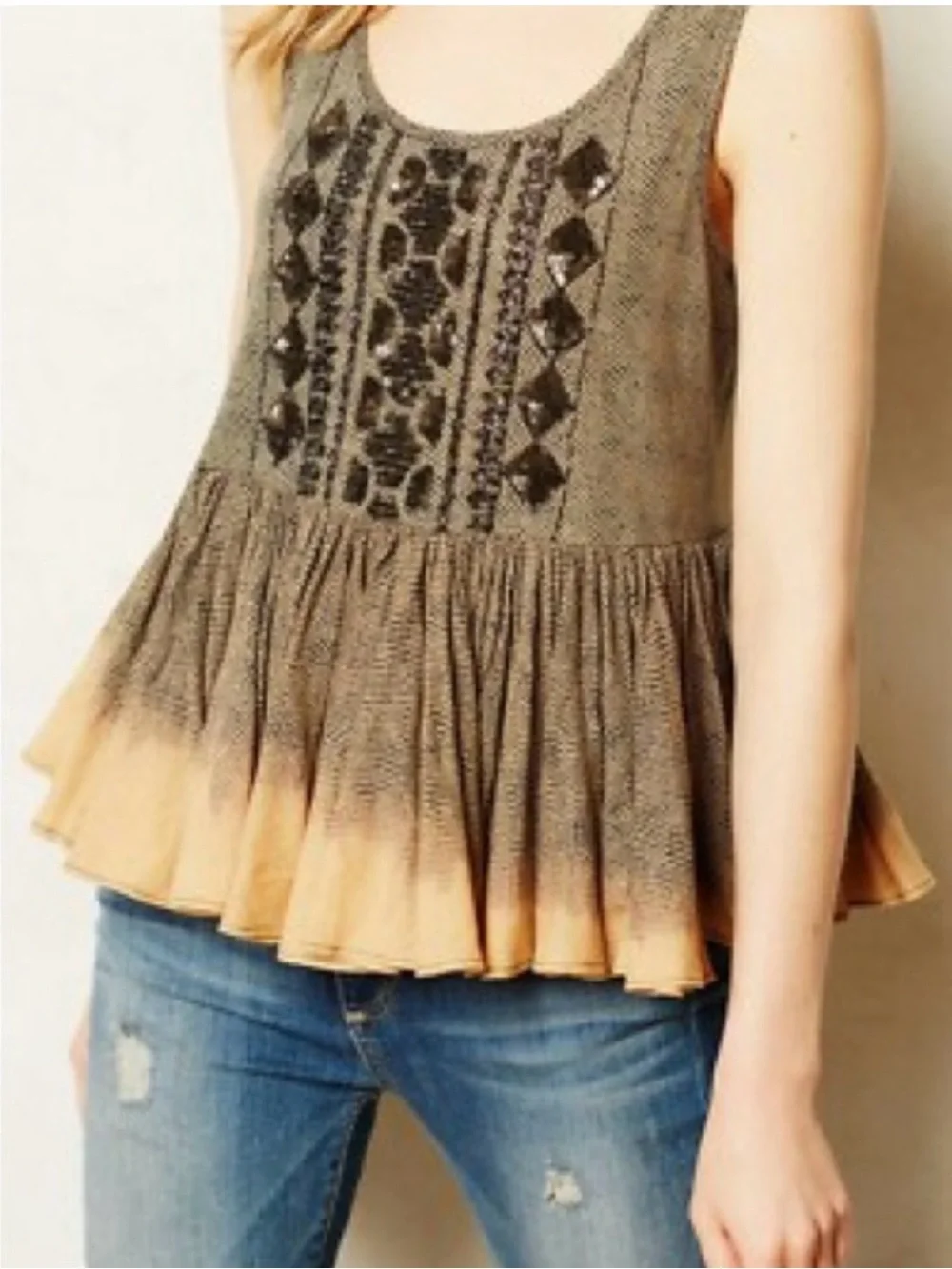 Anthropologie Embroidered Ombre Peplum Tank Top in Brown and Cream - Picture 2 of 6
